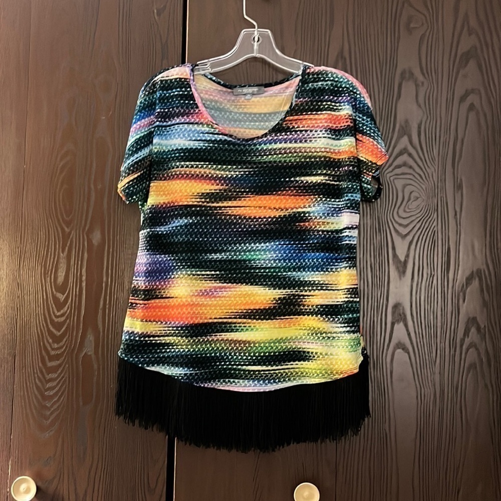 Ny collection multi-colored short sleeved top with black fringe. Size SP.
